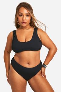 Boohoo Plus Gekreukelde Bikini Set Met Textuur En Lage Ronde Hals, Black