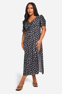 Boohoo Plus Geweven Bloemenpatroon Geplooide Melkmeisjes Jurk, Black