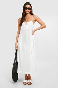 Boohoo Linnen Melkmeisjes Midaxi Jurk Met Strik, White