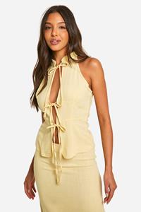 Boohoo Linnen Look Long Line Top Met Strik, Lemon