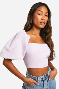 Boohoo Crop Top Met Pofmouwen, Vierkante Hals En Rug Strik, Lilac