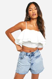 Boohoo Crop Top Met Pofmouwen En Uitgesneden Schouders, White