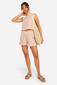 Boohoo Boxy Gingham Long Line Top, Dusty Red