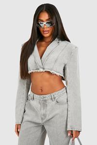 Boohoo Korte Denim Blazer Met Gerafelde Zoom, Grey