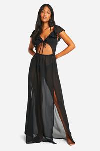 Boohoo Tall Geweven Strand Maxi Jurk Met Rug Strik En Franjes, Black