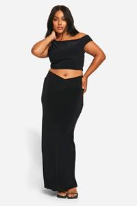 Boohoo Plus Double Slinky Dropped Shoulder Top & V Waistband Maxi Skirt Co Ord, Black