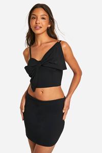 Boohoo Poplin Crop Top Met Strik En Mini Mini Rokje, Black