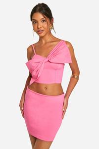 Boohoo Poplin Crop Top Met Strik En Mini Mini Rokje, Bright Pink