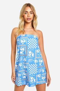 Boohoo Strapless Mini Jurk Met Print, Blue