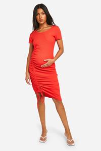 Boohoo Maternity Textured Short Sleeve Ruched Midi Dress, Orange