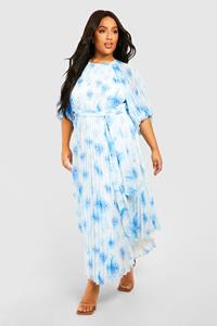 Boohoo Plus Floral Pleated Puff Sleeve Midi Dress, Blue