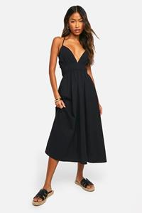 Boohoo Gemengd Katoenen Midaxi Jurk Met Laag Decolleté, Black