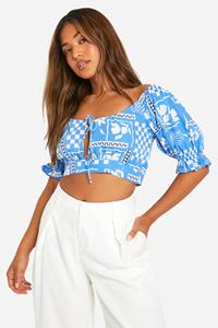 Boohoo Petite Printed Puff Sleeve Top, Blue