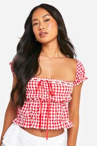 Boohoo Gingham Crop Top Met Geplooide Taille, Pofmouwen En Strik, Red