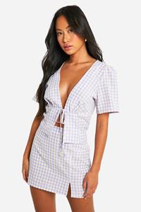 Boohoo Gingham Top Met Strik En Korte Mouwen, Pale Lilac