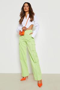 Boohoo Keperstof Cargo Wide Leg Broek Met Zijzakken, Lime