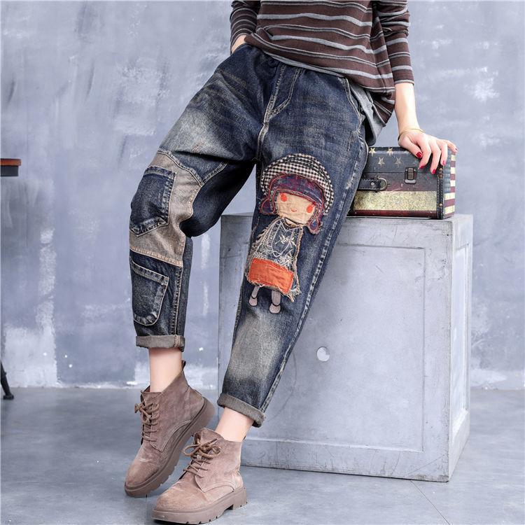 QGOOD Hoge kwaliteit vrouwen retro patch geborduurde print losse jeans hoge taille cartoon leuke oversized harem broek