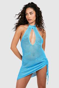 Boohoo Petite Gebreide Sleutelgat Mini Strand Jurk, Blue