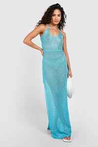 Boohoo Petite Gebreide Glitter Maxi Strand Jurk, Blue