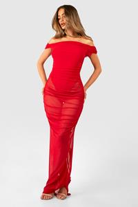 Boohoo Geplooide Mesh Maxi Jurk Met Uitgesneden Hals, Red