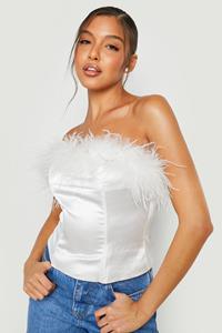 Boohoo Bandeau Corset Top Met Veren, White