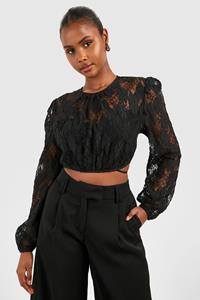 Boohoo Kanten Crop Top Met Lange Mouwen, Black