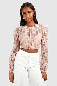 Boohoo Kanten Crop Top Met Lange Mouwen, Light Pink