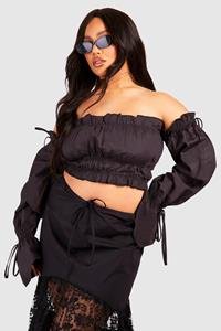 Boohoo Plus Geweven Crop Top Met Uitgesneden Hals En Wijde Mouwen, Black