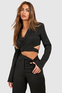 Boohoo Korte Blazer Met Rug Veters En Wikkel Taille, Black