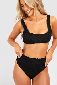 Boohoo High Waist Bikini Broekje Met Textuur En Ruches, Black