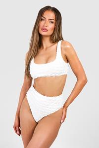 Boohoo High Waist Bikini Broekje Met Textuur En Ruches, White