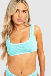 Boohoo Gekreukelde Premium Bikini Top Met Lage Ronde Hals, Aqua