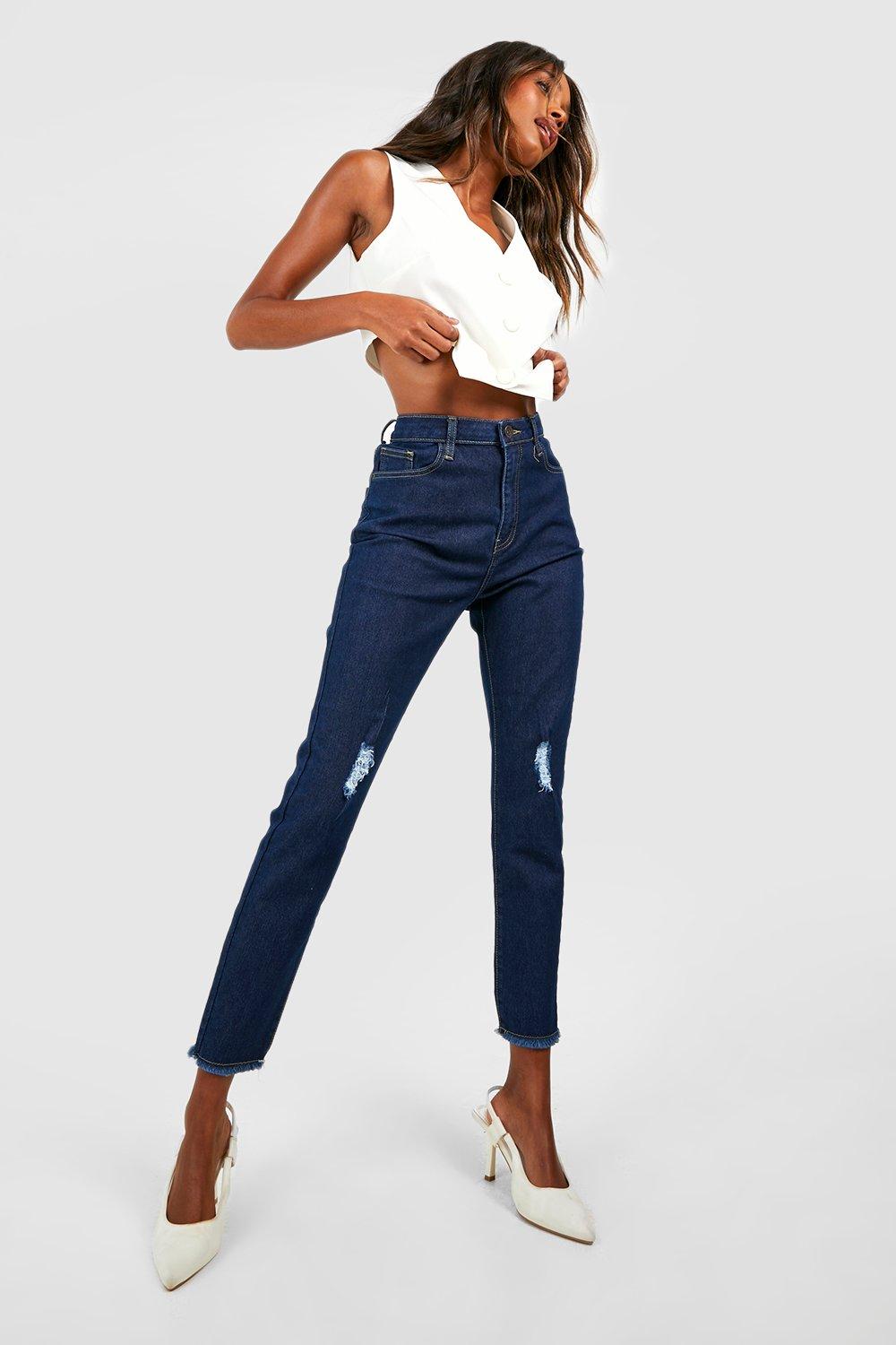 Boohoo Versleten Skinny Jeans Met Hoge Taille En Gerafelde Zoom, Dark Blue