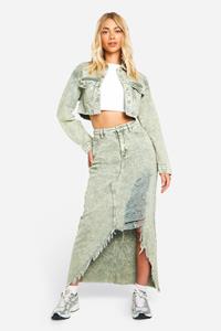 Boohoo Gebleekte Khaki Acid Wash Gebleekte Versleten Maxi Spijkerrok, Washed Khaki