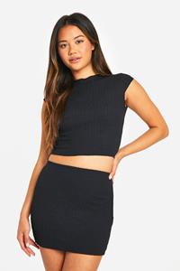 Boohoo Mini Rokje Met Textuur En Lettuce Edge, Black