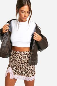 Boohoo Bengaline Mini Rokje Met Kanten Zoom En Split, Leopard