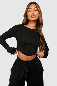 Boohoo Geribbelde Crop Top Met Naaddetail En Lange Mouwen, Black