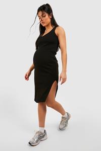 Boohoo Zwangerschap Geribbelde Premium Midi Jurk Met Split, Black