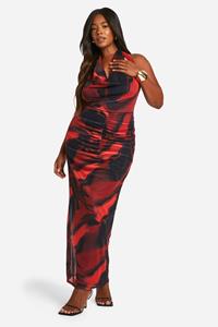 Boohoo Plus Mesh Bloemen Maxi Jurk Met Waterval Hals, Red