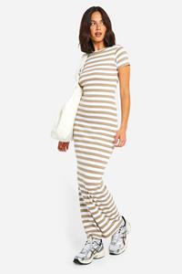 Boohoo Basic Geribbeld Gestreept Maxi Jurk Met Kapmouwen, Neutral