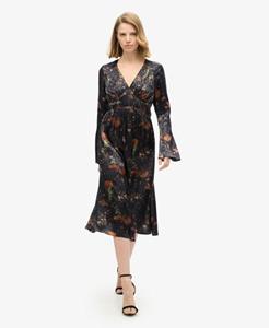 Superdry Vrouwen Jacquard Midi-jurk met Wijduitlopende Mouwen Zwart