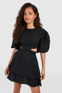 Boohoo Mini Jurk Met Textuur En Pofmouwen, Black