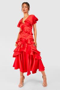 Boohoo Satijnen Maxi Jurk Met Ruches, Red