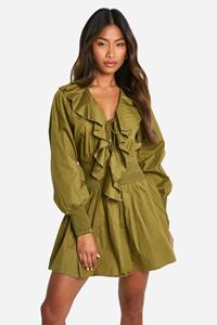 Boohoo Katoenen Poplin Skater Jurk Met Franjes, Khaki