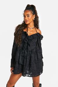 Boohoo Textured Ruffle Front Skater Dress, Black