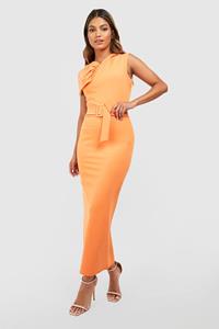 Boohoo Crêpe Midaxi Jurk Met Schoudervulling En Ceintuur, Orange