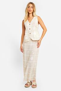 Boohoo Linnen Look Tegelprint Gilet En Maxi Rok, Stone