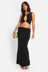 Boohoo Strakke Sleutelgat Top En Maxi Rok Met Kraaltjes, Black