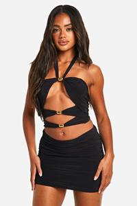 Boohoo Dubbele Strakke Top Met Uitsnijding En Halter Neck En Mini Rokje, Black