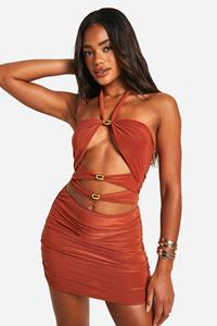 Boohoo Dubbele Strakke Top Met Uitsnijding En Halter Neck En Mini Rokje, Rust